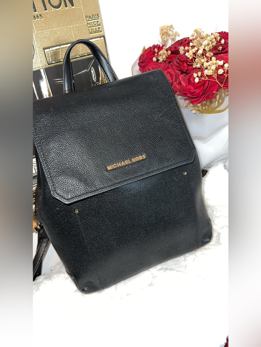 Michael Kors Black Pebbled Leather Backpack with Gold Logo